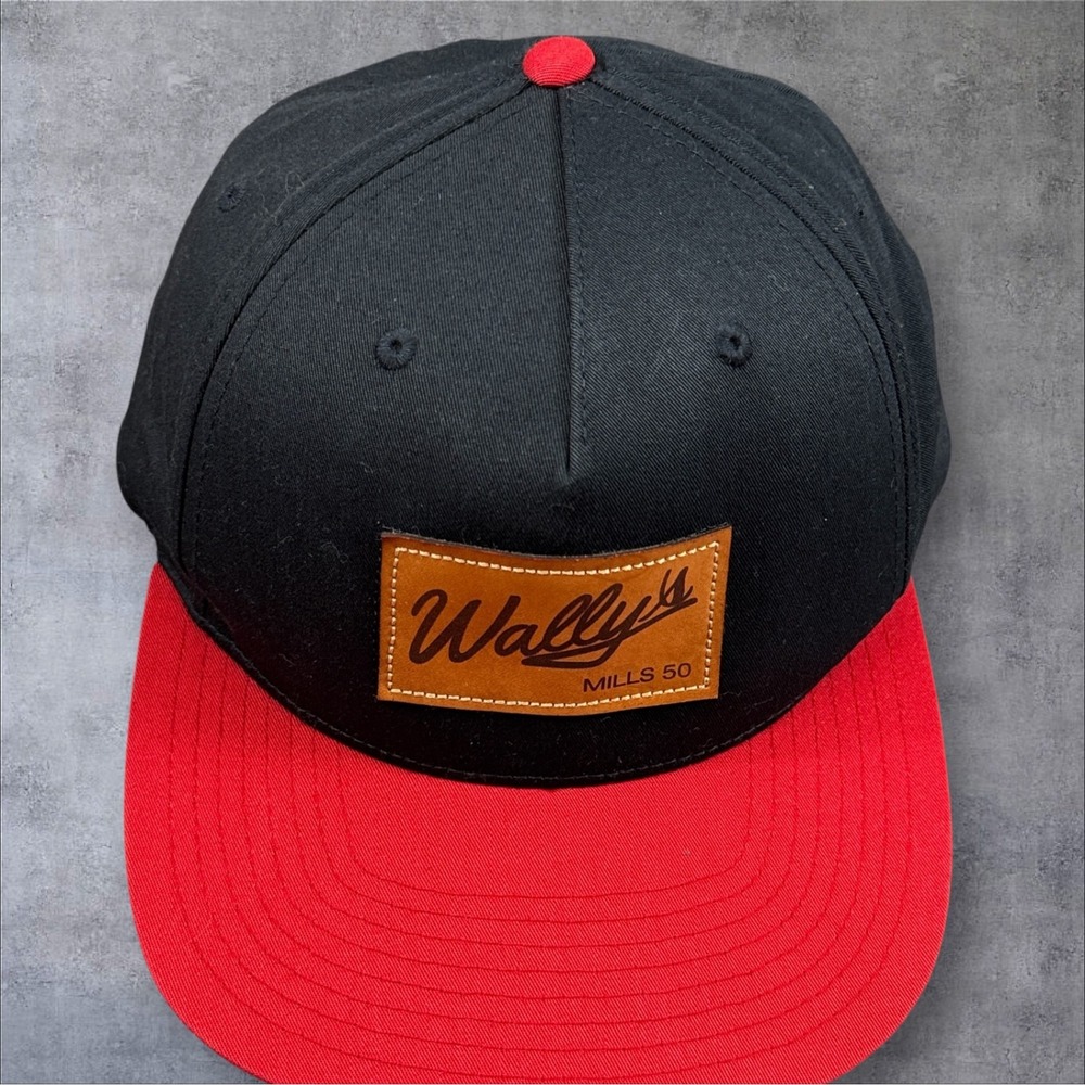 NWOT Wally's Mills 50 Snapback Hat Black Red Flat Brim Leather Patch Dive Bar